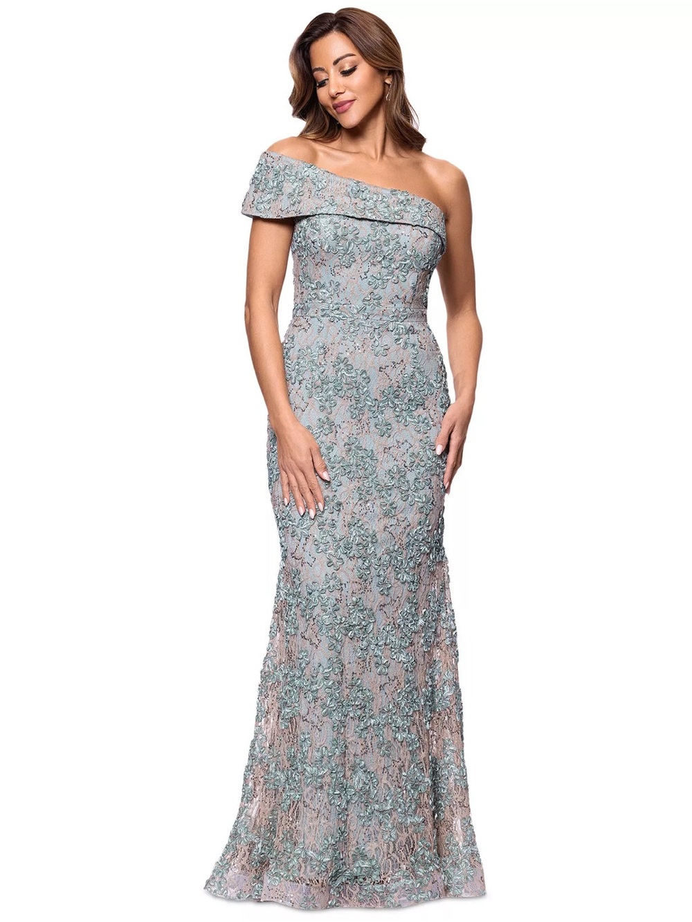 One-Shoulder Embroidered Lace Gown in Sage/Gold